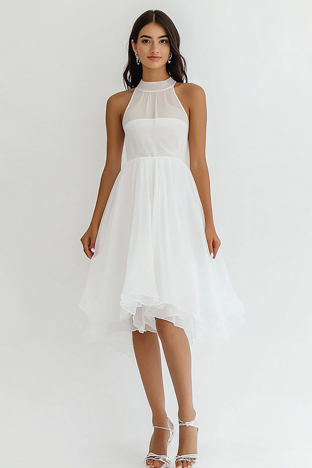 White Chiffon High Neck Midi A Line Graduation Dress