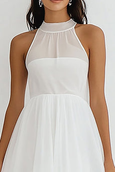 White Chiffon High Neck Midi A Line Graduation Dress