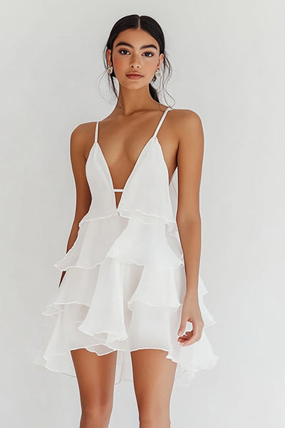 White Chiffon V Neck Short A Line Graduation Dress with Ruffles