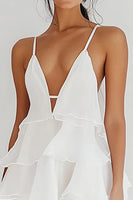 Load image into Gallery viewer, White Chiffon V Neck Short A Line Graduation Dress with Ruffles