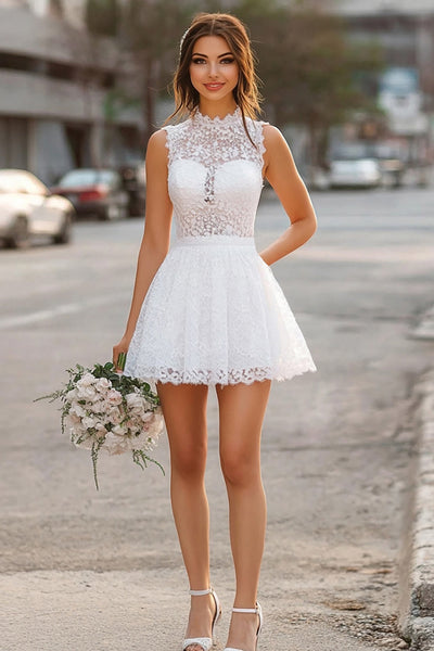 White Lace High Neck Short A Line Graduation Dress