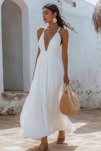 White Chiffon V Neck Long A Line Engagement Dress with Pleats