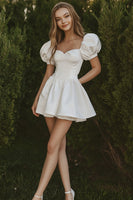 Load image into Gallery viewer, White Sweetheart Short A Line Graduation Dress with Puff Sleeves