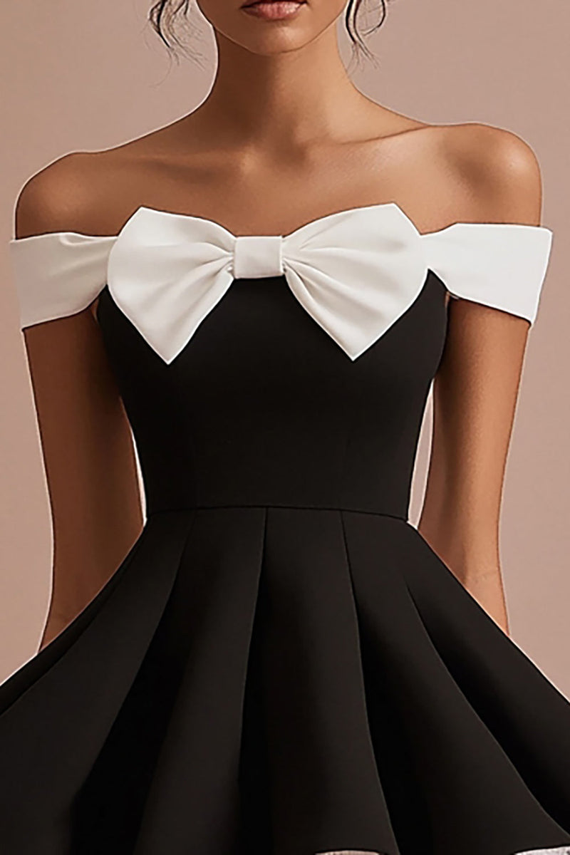 Load image into Gallery viewer, Black and White Satin A Line Short Cocktail Dress with Bow