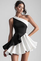 Load image into Gallery viewer, Women Black and White Satin Short Cocktail Dress with Ruffles Ruched One Shoulder A Line Little Black Dress