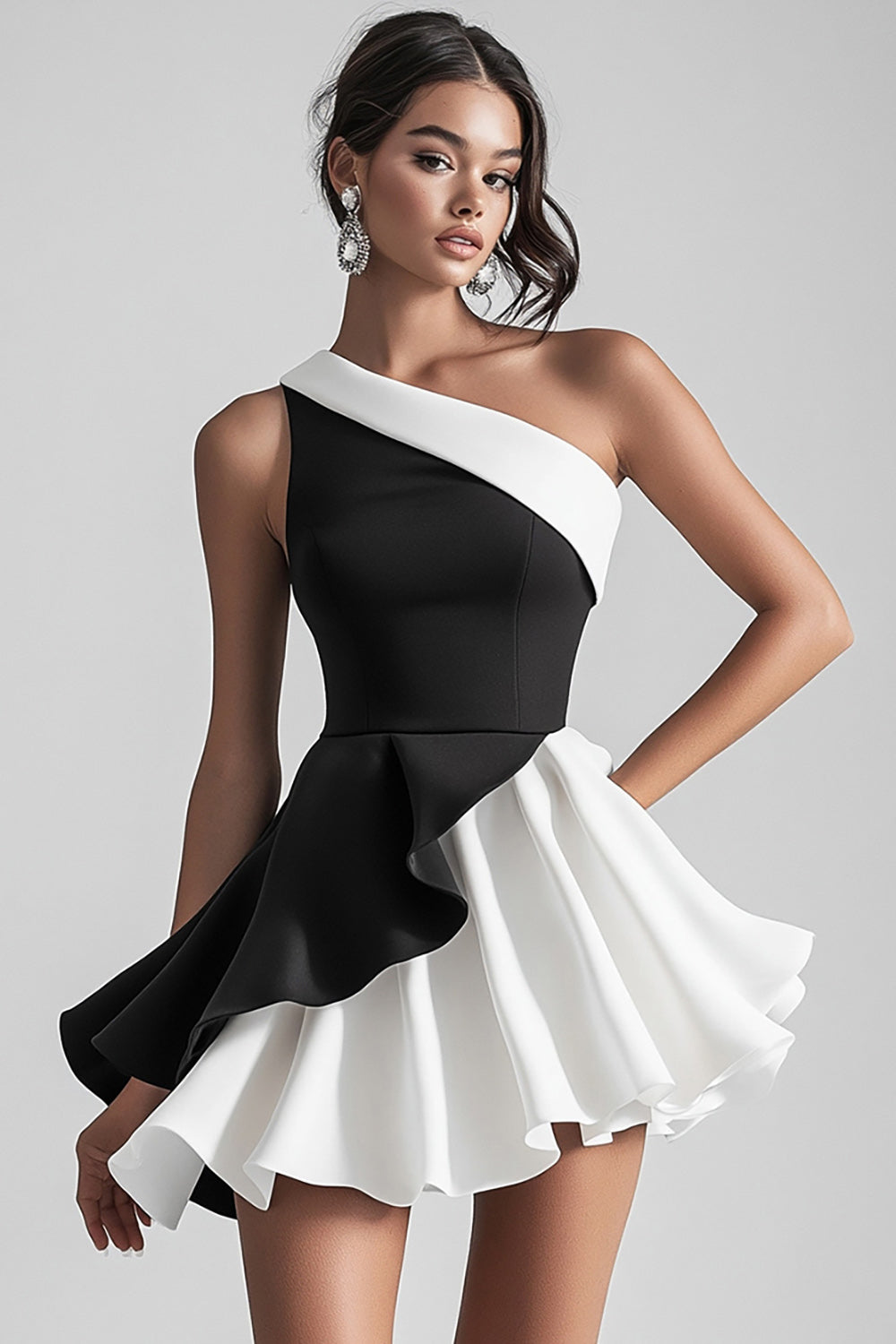Black and White Satin One Shoulder A Line Short Cocktail Dress