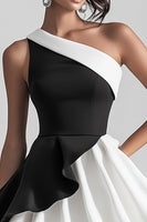 Load image into Gallery viewer, Black and White Satin One Shoulder A Line Short Cocktail Dress