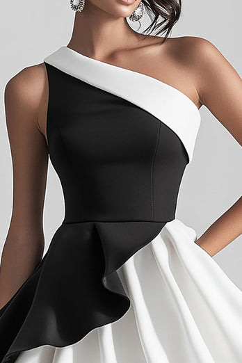 Black and White Satin One Shoulder A Line Short Cocktail Dress