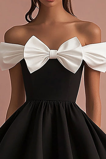 Black and White Satin Short A Line Cocktail Dress with Bow