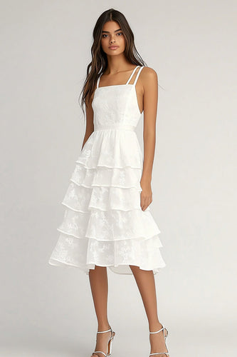 Ivory Chiffon Spaghetti Straps Midi A Line Graduation Dress