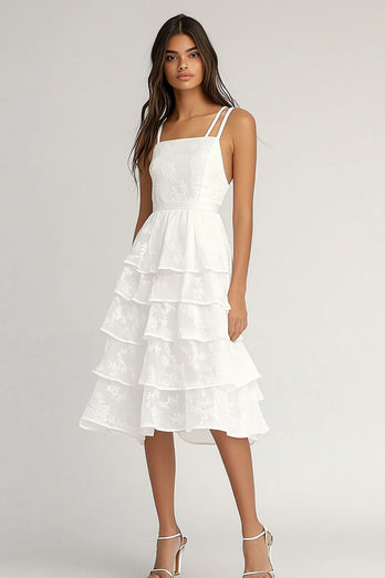 Ivory Chiffon Spaghetti Straps Midi A Line Graduation Dress