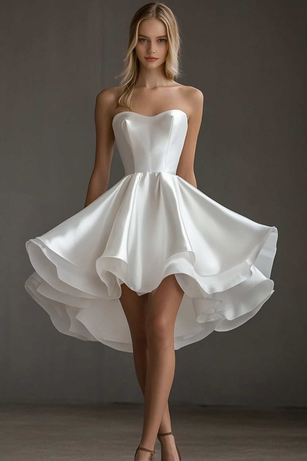White Satin Strapless Short A Line Graduation Dress