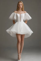 Load image into Gallery viewer, White Organza Off The Shoulder Short A Line Graduation Dress