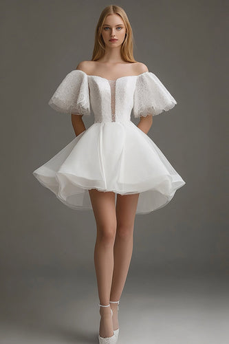 White Organza Off The Shoulder Short A Line Graduation Dress