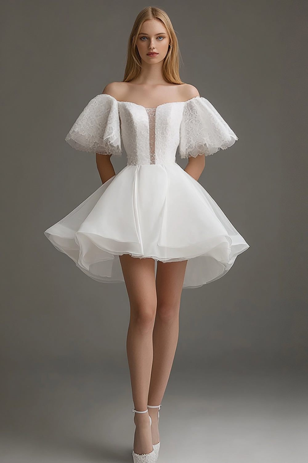 White Organza Off The Shoulder Short A Line Graduation Dress