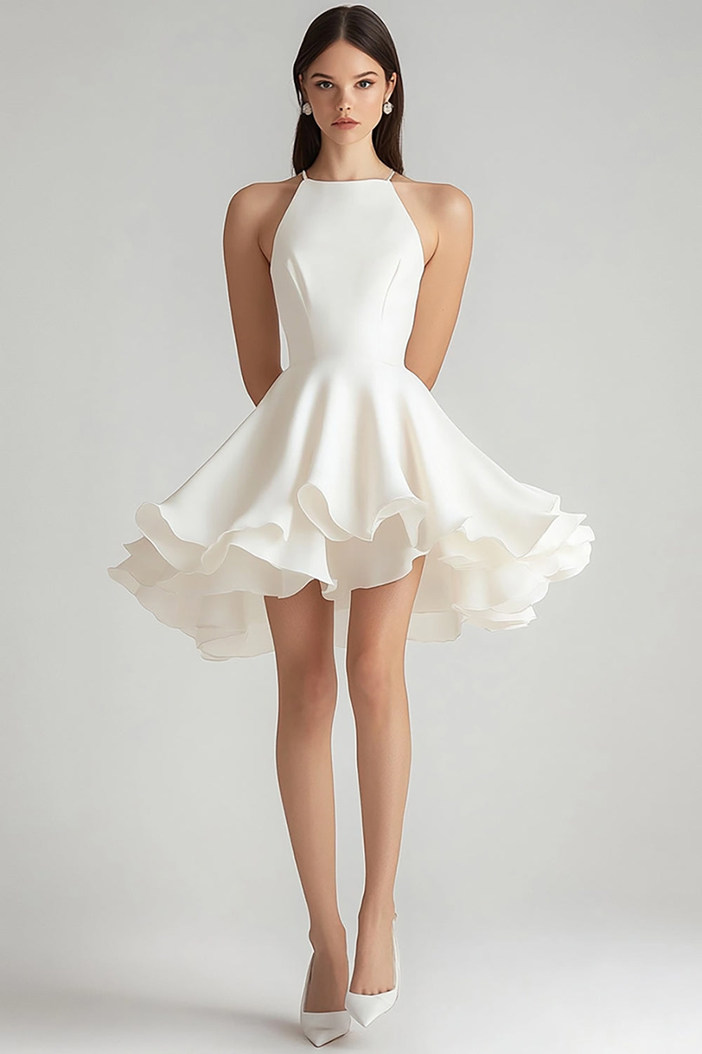 Ivory Chiffon Short A Line Graduation Dress with Ruffles