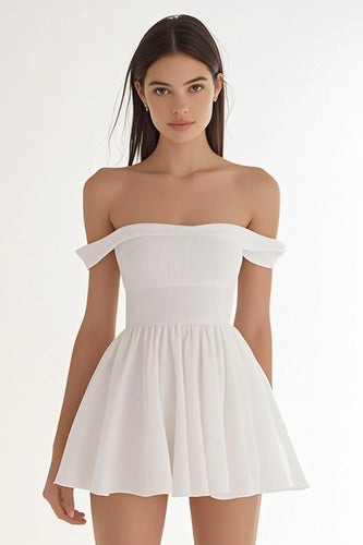 Ivory Chiffon Off The Shoulder Short A Line Graduation Dress