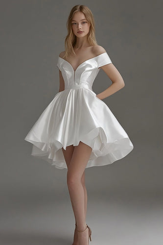 White Satin Short Off The Shoulder A Line Graduation Dress