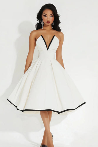 White Satin Midi V Neck A Line Graduation Dress