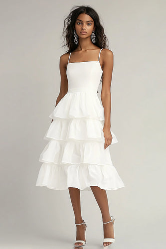 Ivory Spaghetti Straps A Line Midi Graduation Dress with Ruffles