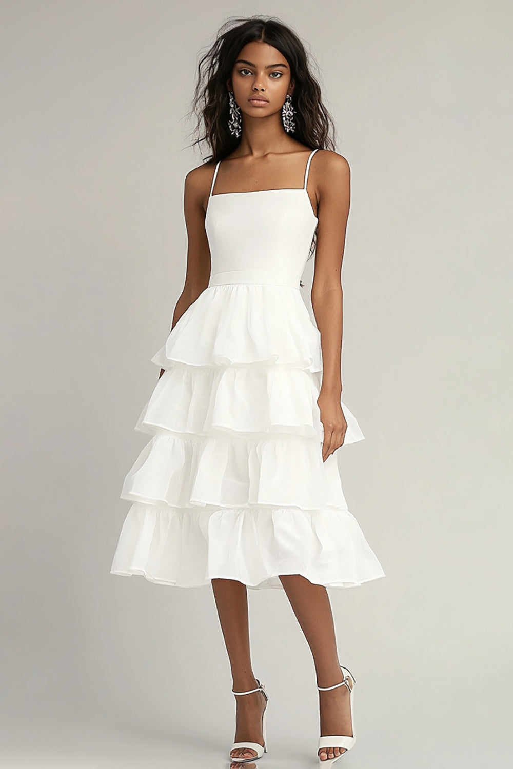 Ivory Spaghetti Straps A Line Midi Graduation Dress with Ruffles