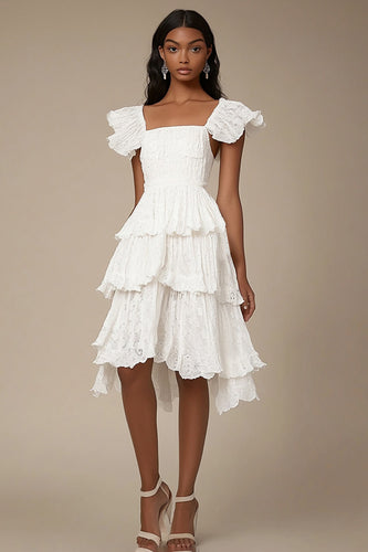 Ivory Square Neck A Line Midi Graduation Dress with Ruffles
