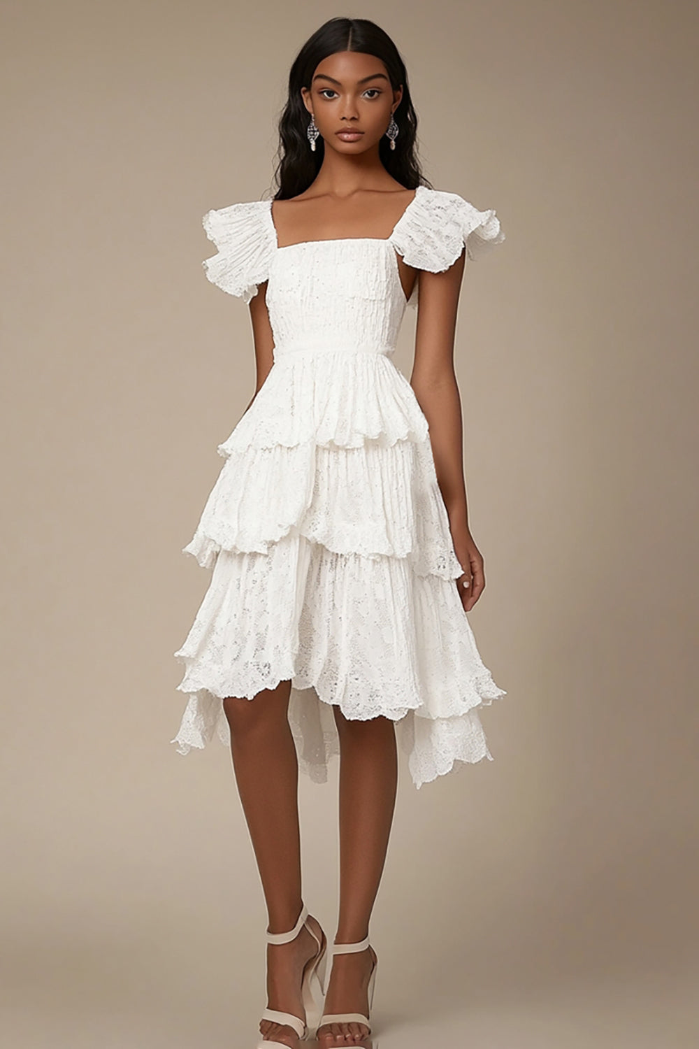 Ivory Square Neck A Line Midi Graduation Dress with Ruffles