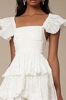 Load image into Gallery viewer, Ivory Square Neck A Line Midi Graduation Dress with Ruffles