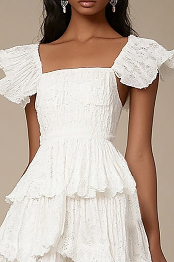 Ivory Square Neck A Line Midi Graduation Dress with Ruffles
