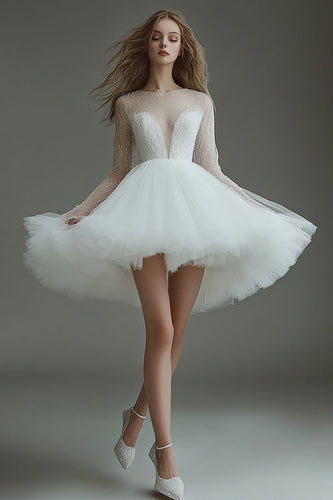White Tulle Short Illusion Neck Long Sleeves A Line Graduation Dress
