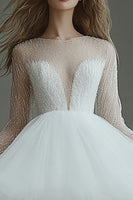 Load image into Gallery viewer, White Tulle Short Illusion Neck Long Sleeves A Line Graduation Dress