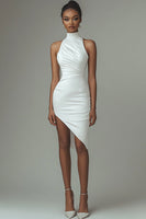 Load image into Gallery viewer, White Satin Asymmetrical High Neck Bodycon Graduation Dress