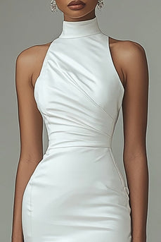 White Satin Asymmetrical High Neck Bodycon Graduation Dress