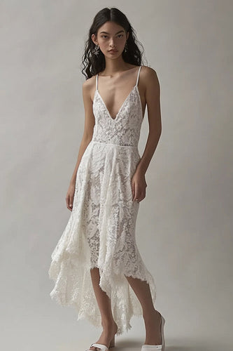 Ivory Lace V Neck High-Low Engagement Dress