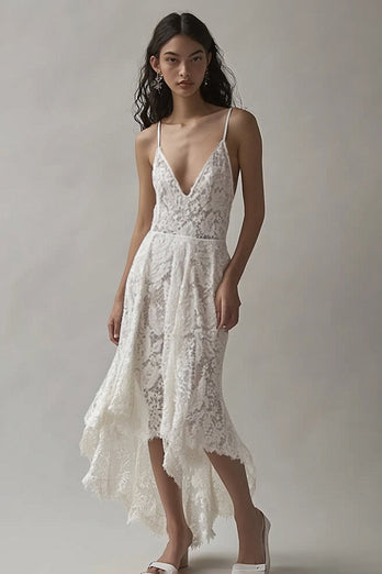 Ivory Lace V Neck High-Low Engagement Dress