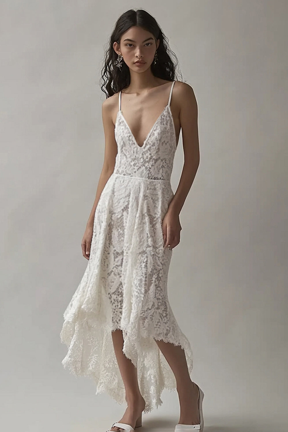Ivory Lace V Neck High-Low Engagement Dress