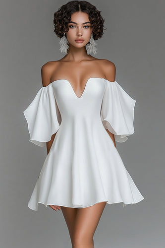 White Chiffon Short A Line Off the Shoulder Graduation Dress