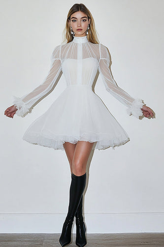 White High Neck A Line Long Sleeves Graduation Dress