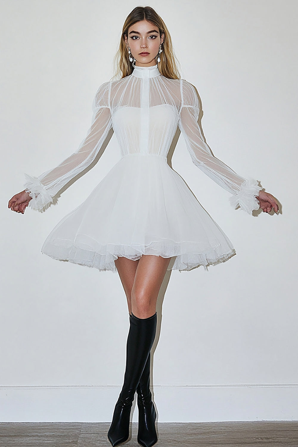 White High Neck A Line Long Sleeves Graduation Dress