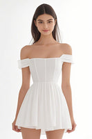 Load image into Gallery viewer, Ivory Chiffon Corset Off The Shoulder Short A Line Graduation Dress