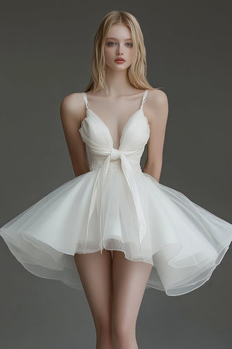 Ivory Organza V Neck Short A Line Graduation Dress