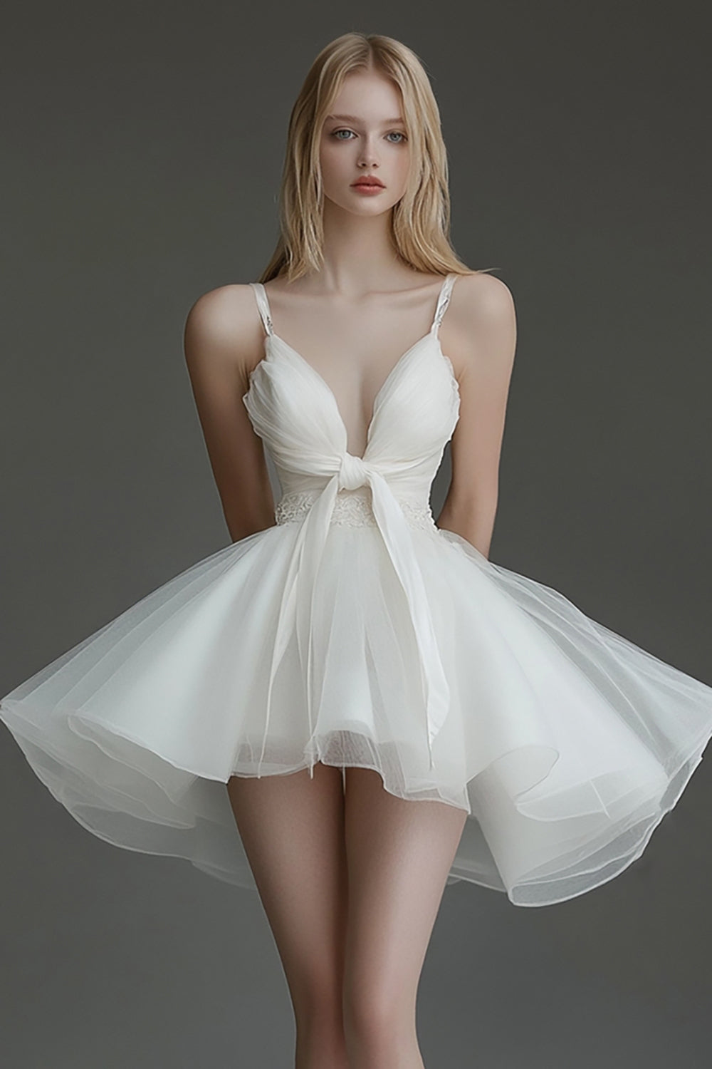 Ivory Organza V Neck Short A Line Graduation Dress
