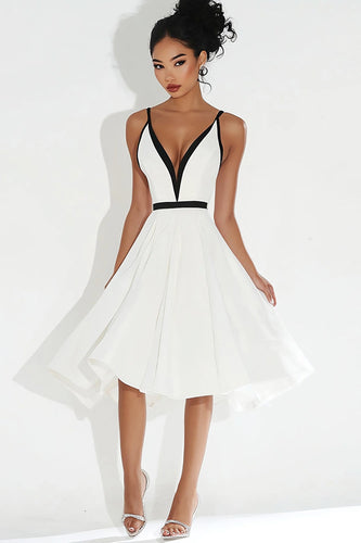 White V Neck A Line Midi Graduation Dress
