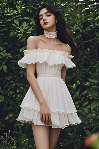 Ivory Chiffon Short A Line Graduation Dress with Ruffles