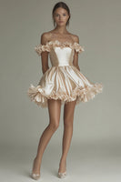 Load image into Gallery viewer, Champagne Off the Shoulder Satin Short Graduation Dress with Ruffles