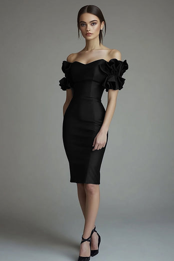 Black Midi Satin Bodycon Formal Dress with Ruffles