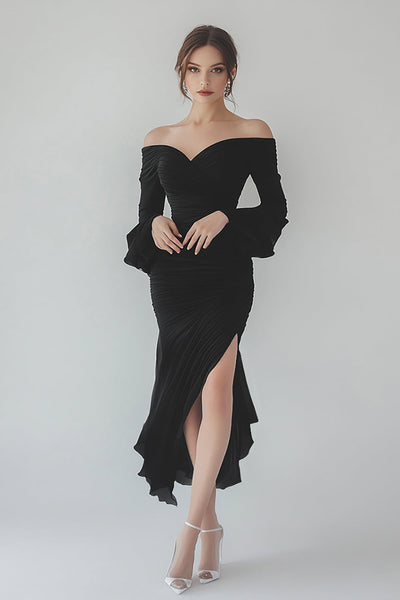Black Asymmetrical Sheath Formal Dress with Ruffles