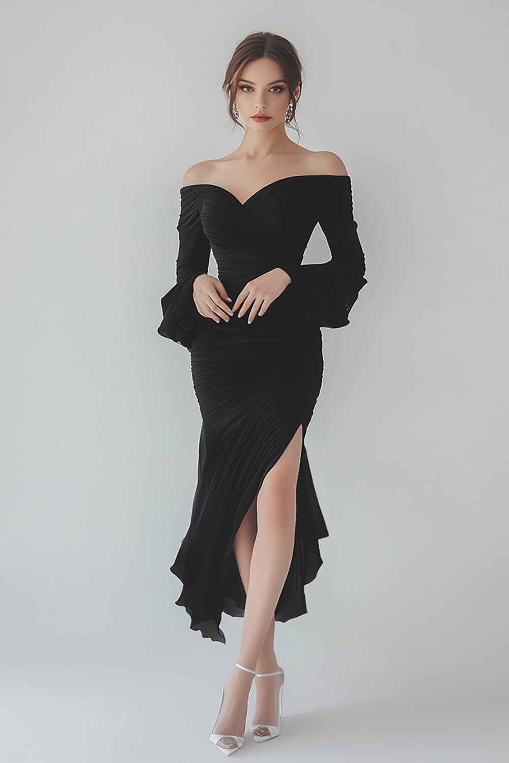 Black Asymmetrical Sheath Formal Dress with Ruffles