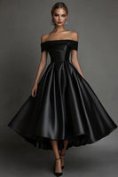 Load image into Gallery viewer, Black A Line Off The Shoulder Long Satin Formal Dress