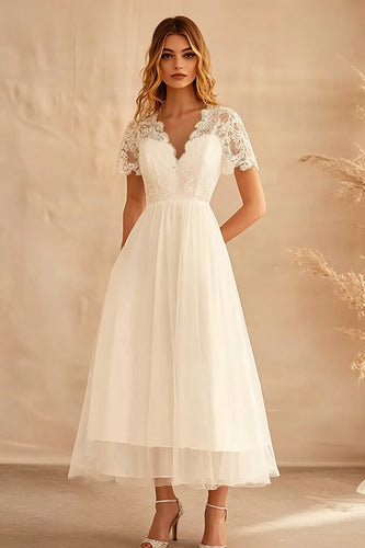 Ivory Chiffon V Neck Long A Line Engagement Dress with Lace
